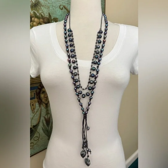 $285 NEW Chan Luu Peacock Pearl/Black Leather w Baroque Details Necklace ~Boho 🌺